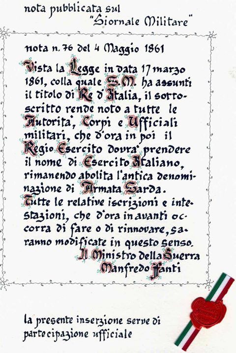 Atto costituzione Esercito Italiano 1861