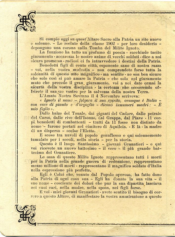 Discorso Comandante 1° Rgt. Granatieri di Sardegna 1902