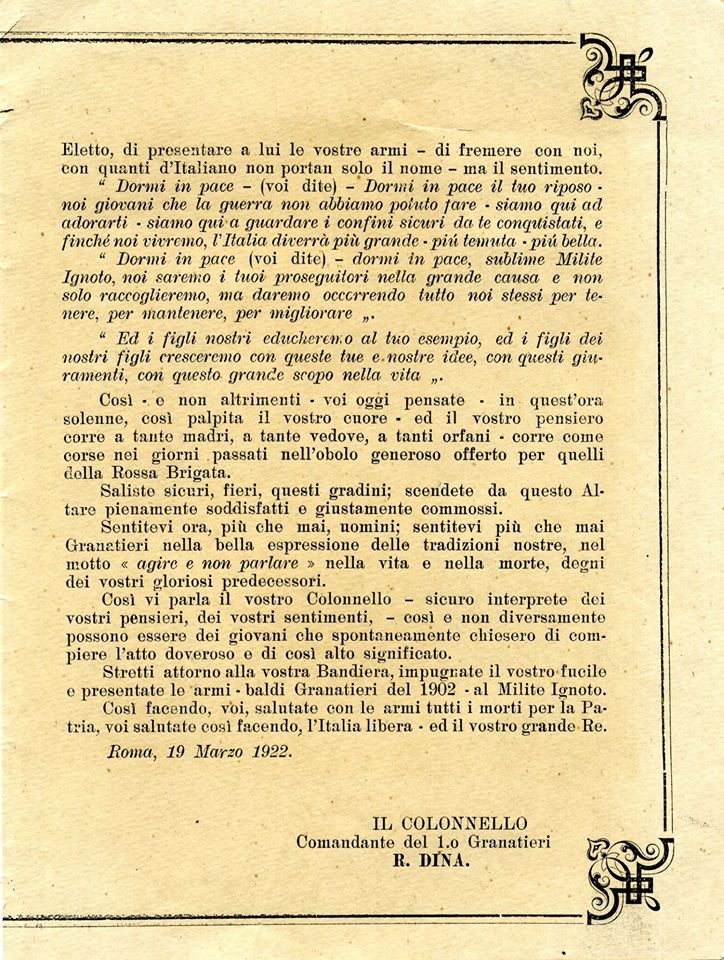 Discorso Comandante 1° Rgt. Granatieri di Sardegna 1902