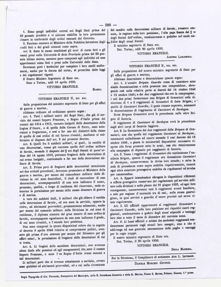  Decreto costituzione Brigata Granatieri 1850 