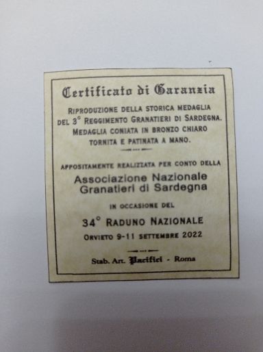  Certificato Garanzia  della Medaglia del trentaquattresimo raduno dei Granatieri di Sardegna 9 -11 set. 2022 – Orvieto