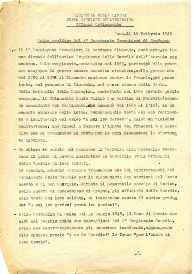 CIRCOLARE USO DEL MOTTO DEL 1° REGGIMENTO GRANATIERI DI SARDEGNA 16 febbraio 1949 