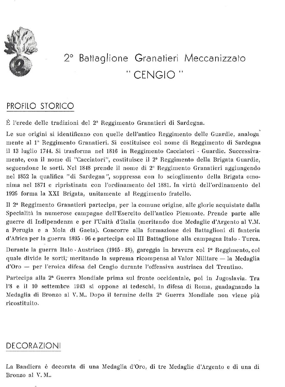 Profilo storico costituendo 2° Battaglione Granatieri mec. Cengio 